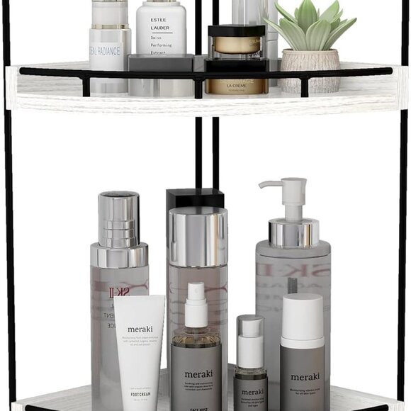 2-Tier Rustic White Corner Bathroom Shelf - Picture 1 of 6